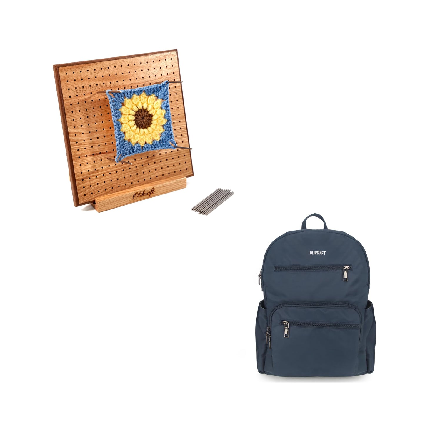 Olikraft Crochet Blocking Board with 50 Pins (8 inches) and Blue Crochet Bag Organizer – Water-Resistant Yarn Storage & Granny Square Blocking Set for Perfect Crochet Projects and On-The-Go Crafting