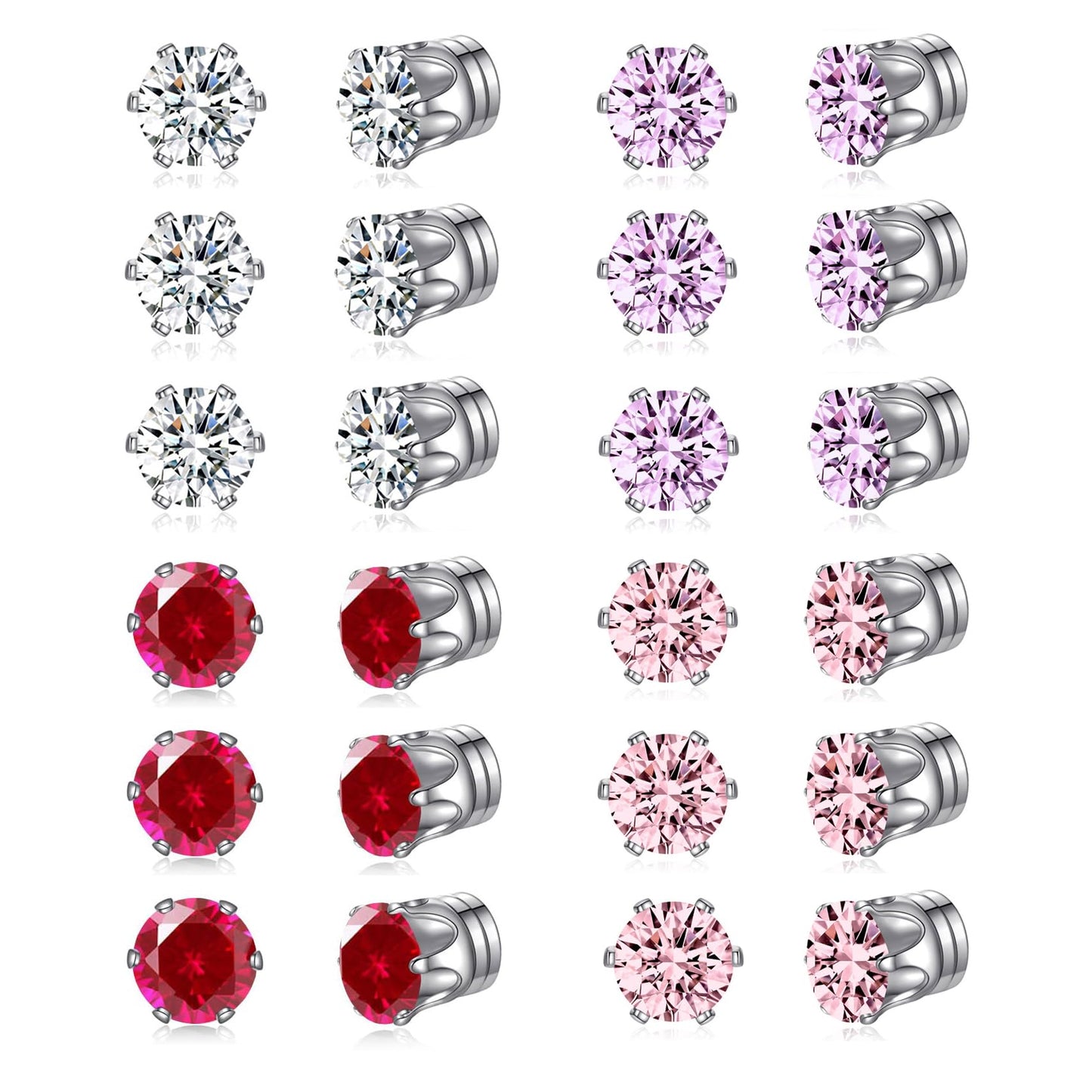 Spiritlele 12 Pairs Purple Pink Cubic Zirconia Magnetic Earrings Clip on Non Piercing Earrings Set for Women 6MM