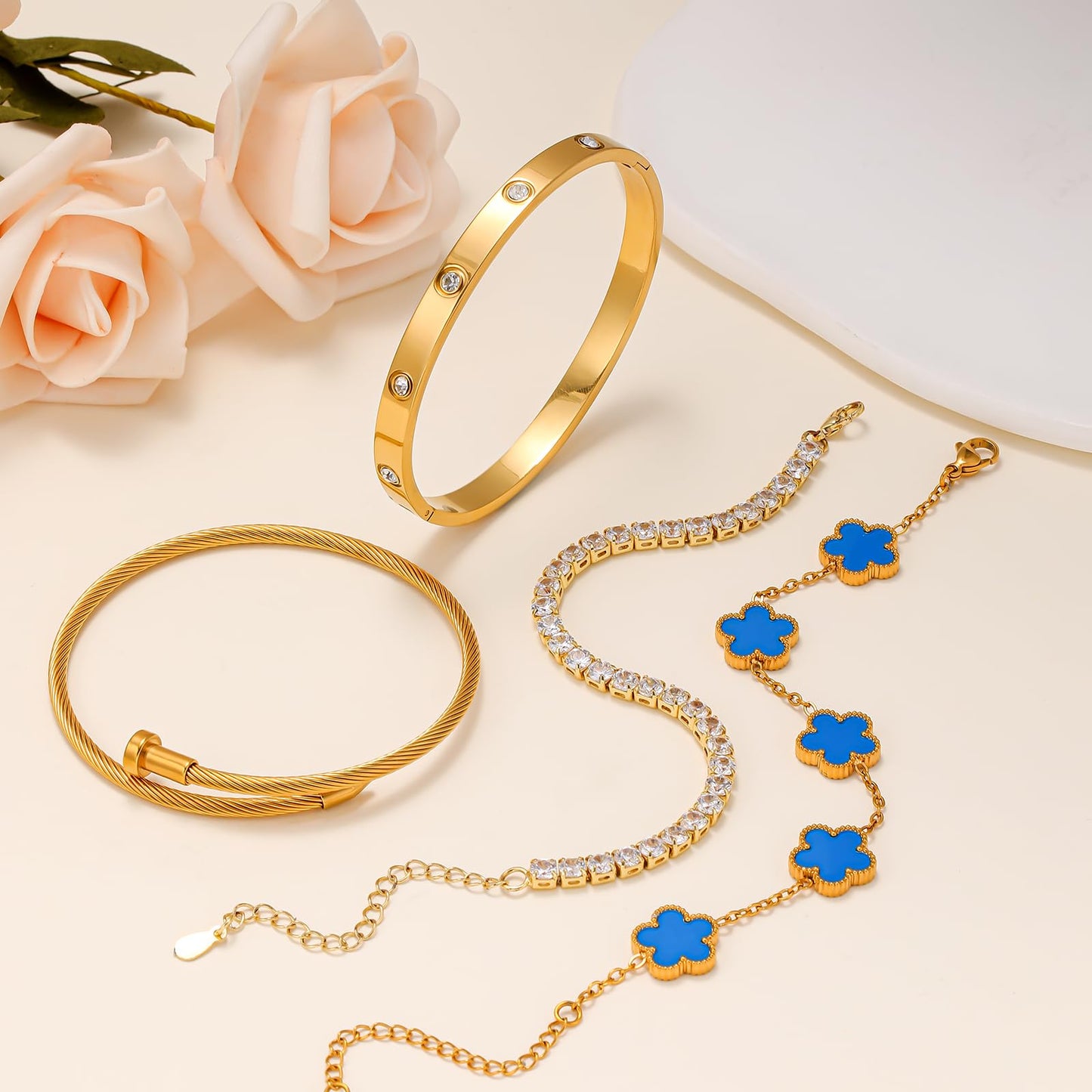 Gold Bracelets for Women, 18K Gold Plated Women Tennis Bracelets Clover Nail Love Bangle Bracelet Set, Gold Bracelet Stackable Set Trendy Jewelry, Gifts for Women's Day and Mother's Day (01-Color-blue)