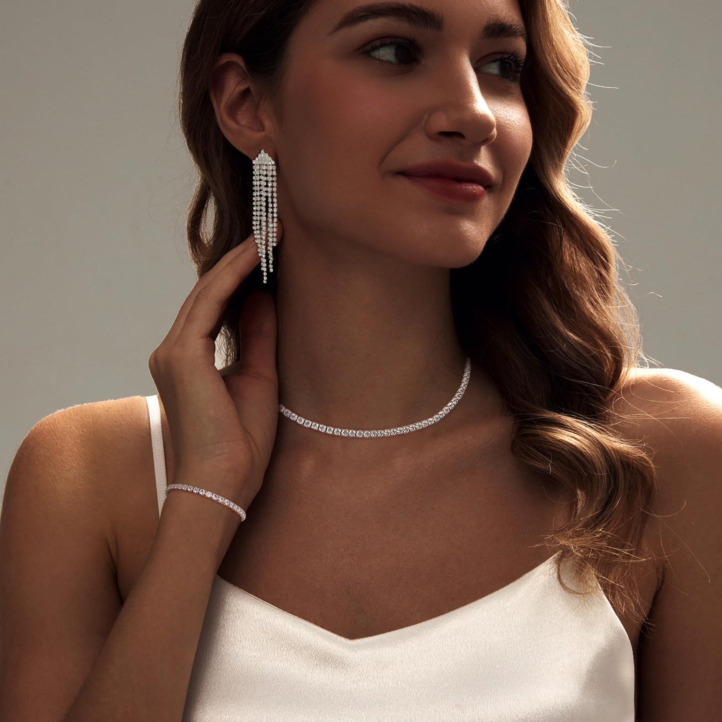 LULII Tennis Necklace Set for Women Dainty Sterling Silver Necklace and Earring Sets Rhinestone Dangle Earrings Crystal Bracelets for Women Silver Jewelry Sets for Bride Gift