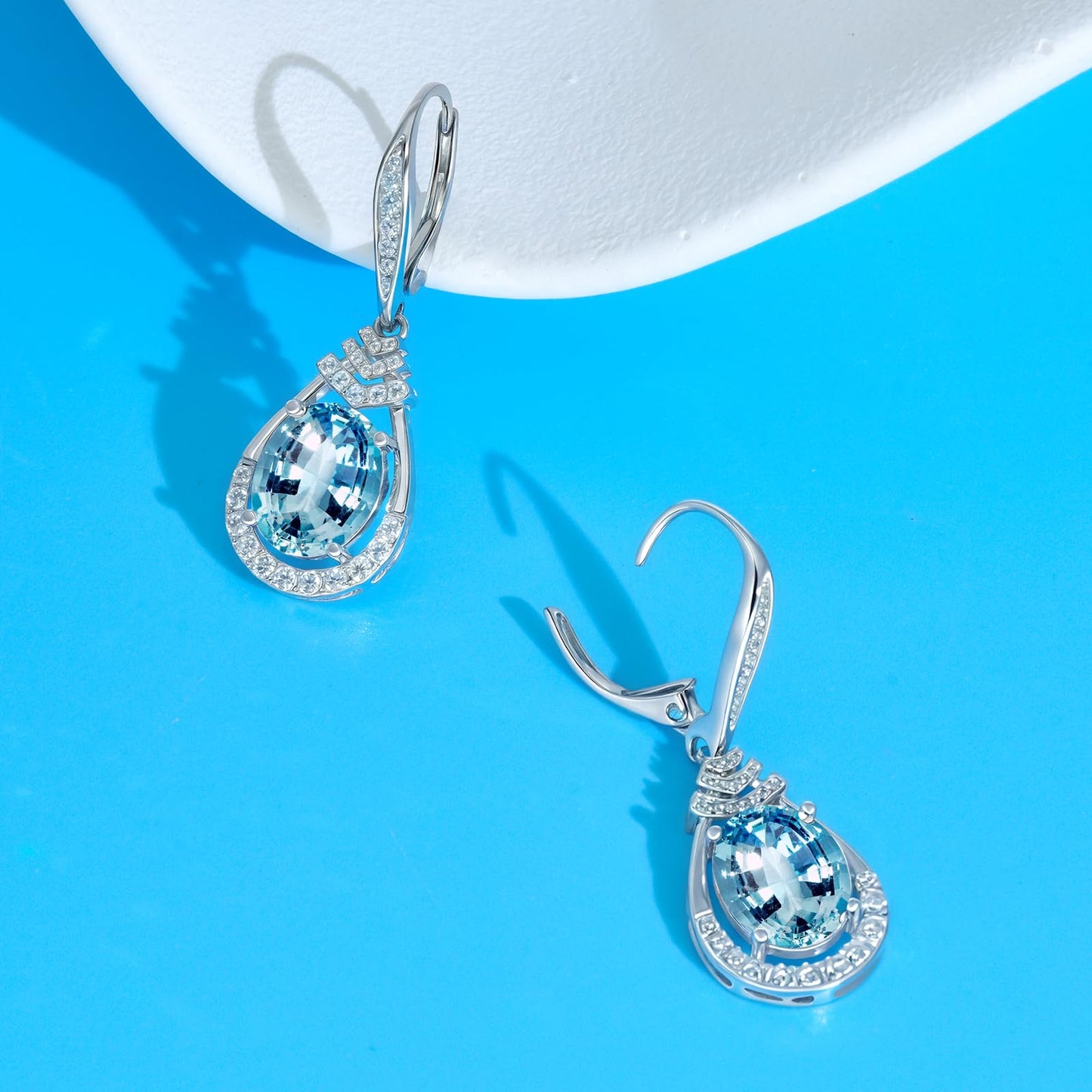 March Birthstone Blue Aquamarine Dangle Earrings Sterling Silver Teardrop Leverback Drop Earring for Women Wedding Jewelry for the Bride Oval Cut CZ Earrings Anniversary Birthday Gifts for Wife Mom