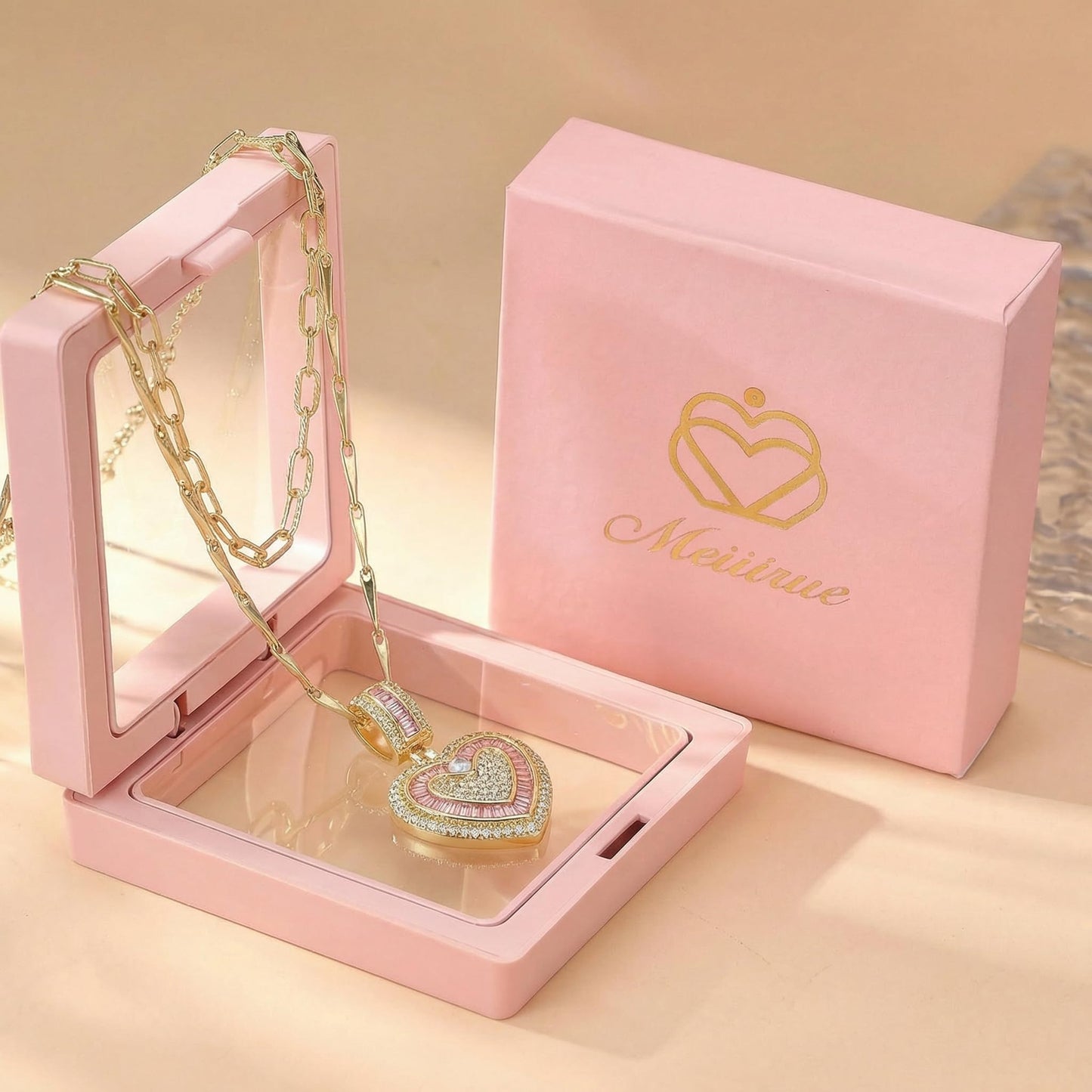 MEIITRUE Heart Necklaces for Women Trendy 14k Gold Plated Dainty Layered Necklace Set Cubic Zirconia Love Pendant Choker Thin Paperclip Chain Stackable Jewelry Gift Pink