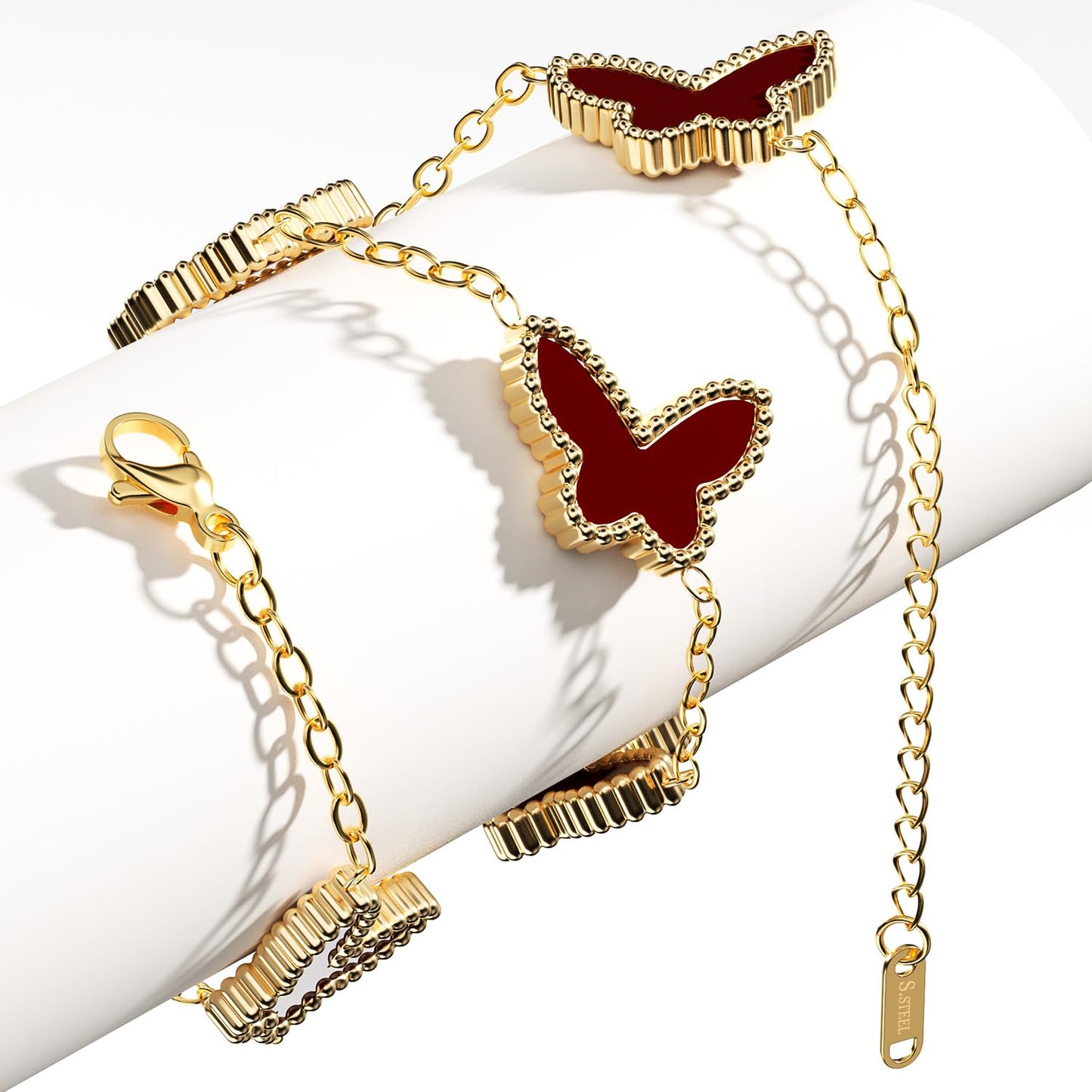 AICase 18K Gold Plated Clover Bracelet Dupes Black Bracelet Set for Women Butterfly Flower Leaf Lucky Clover Bracelets Trendy Jewelry Birthday Gifts for Women/MoM/Friends_Wine Red
