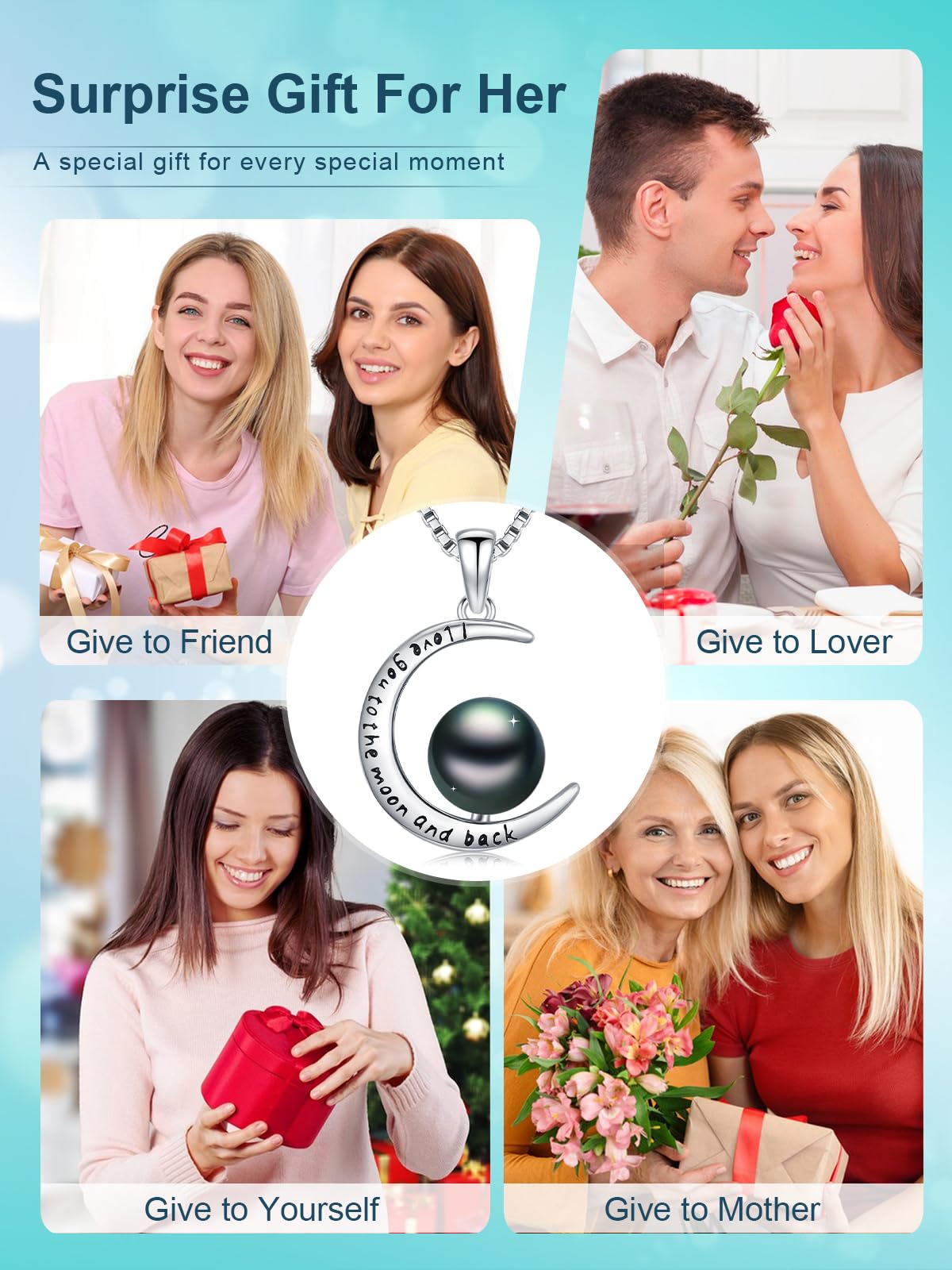 KANNSOAR Tahitian Black Pearl Necklace for Women Moon Tahitian Black Pearl 925 Sterling Silver Pearls Pendant Jewelry Gifts for Wife Mom Lover