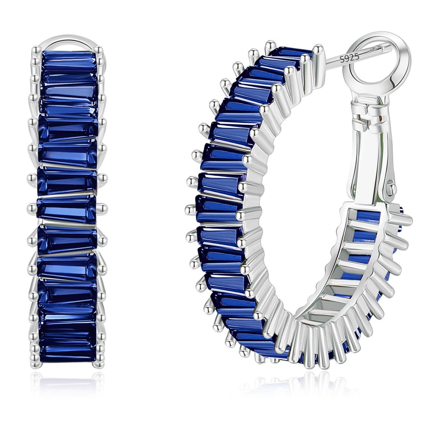 GLOQUAT Blue Sapphire Hoop Earrings White Gold Plated Sapphire Earrings for Women Vintage Baguette Cubic Zirconia Hoop Earring Fashion Round Circle Hoops Blue Jewelry for Women 25mm