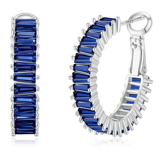 GLOQUAT Blue Sapphire Hoop Earrings White Gold Plated Sapphire Earrings for Women Vintage Baguette Cubic Zirconia Hoop Earring Fashion Round Circle Hoops Blue Jewelry for Women 25mm