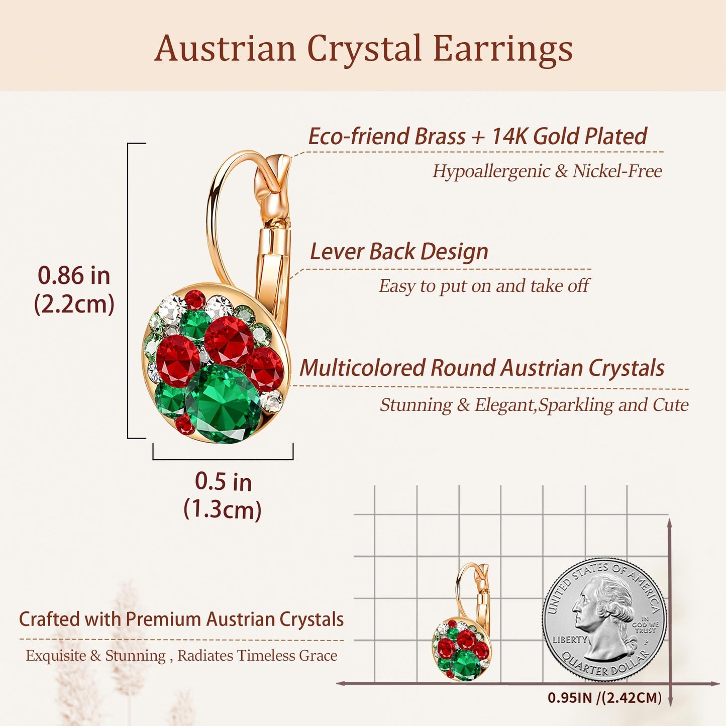 Multicolored Austrian Crystal Leverback Earrings for Women 14K Gold Plated Dangle Hoop Earrings Hypoallergenic Jewelry (Green Red Main Crystals/Christmas Glow)