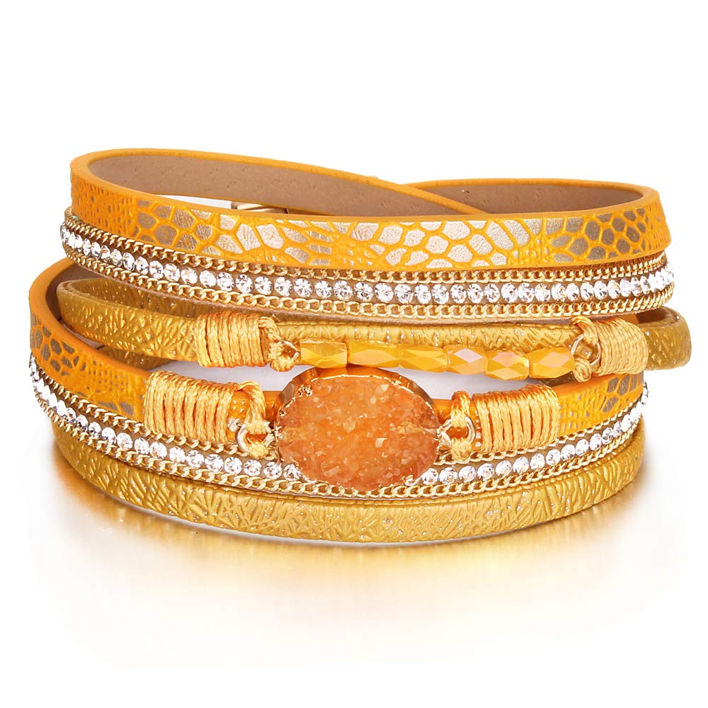 FANCY SHINY Boho Leather Wrap Bracelet Stackable Chunky Crystal Cuff Bracelets with Magnetic Clasp Cowboy Cowgirl Western Summer Beach Outfits Jewelry Gifts for Women (14.7", Orange)