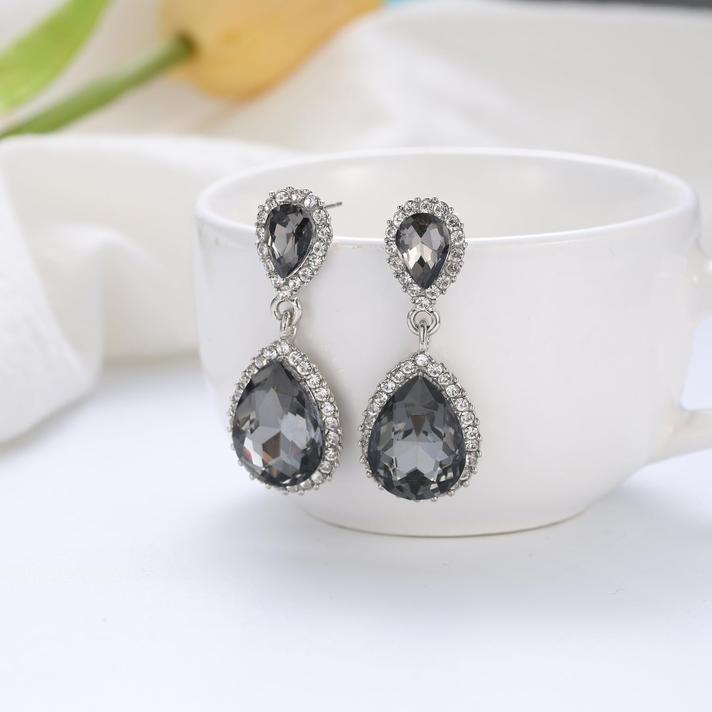 EVER FAITH Women's Austrian Crystal Wedding Tear Drop Dangle Earrings Dark Grey