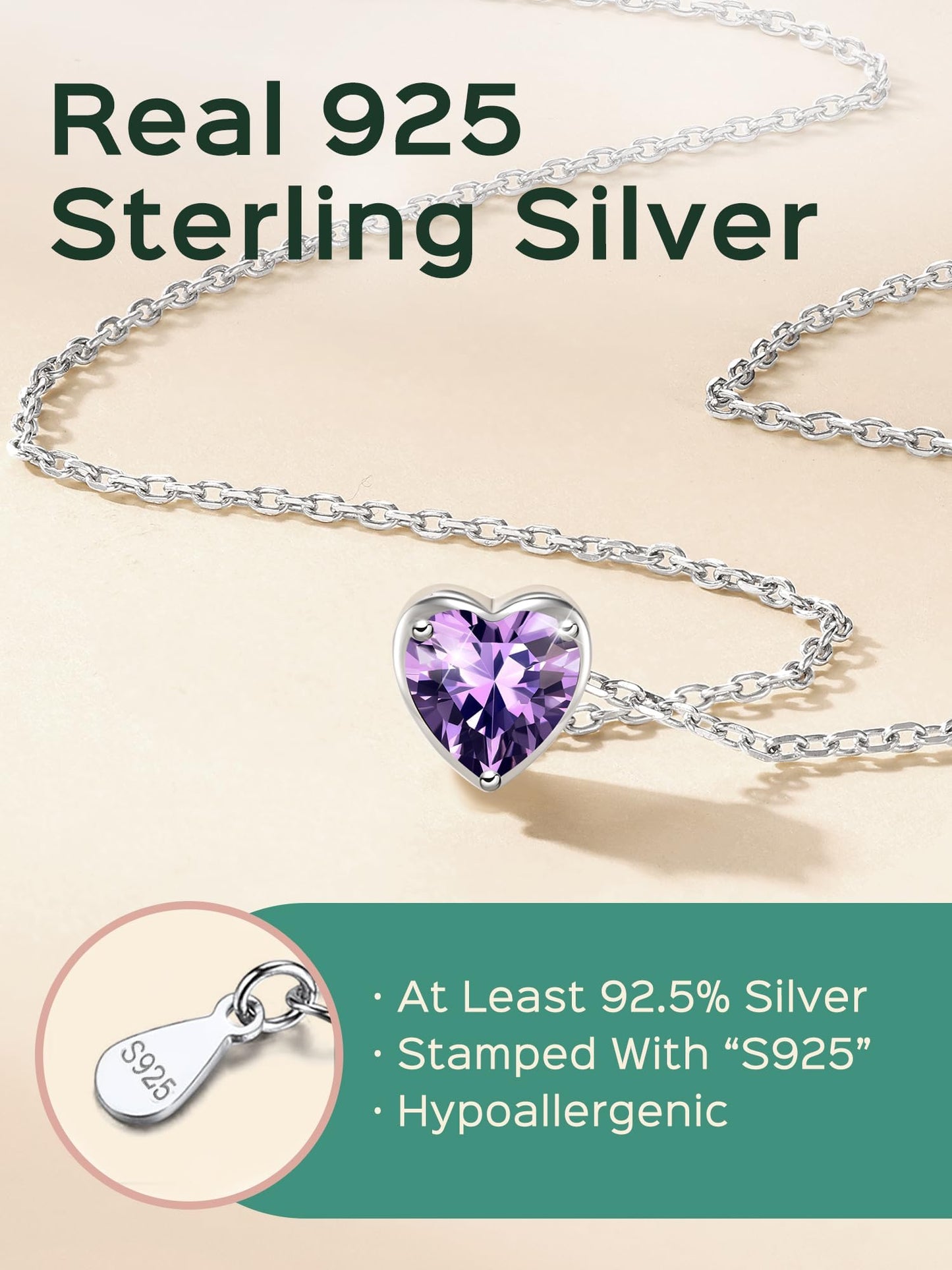 ChicSilver Amethyst Necklace February Birthstone Necklace 925 Sterling Silver Love Heart Purple Necklaces for Women