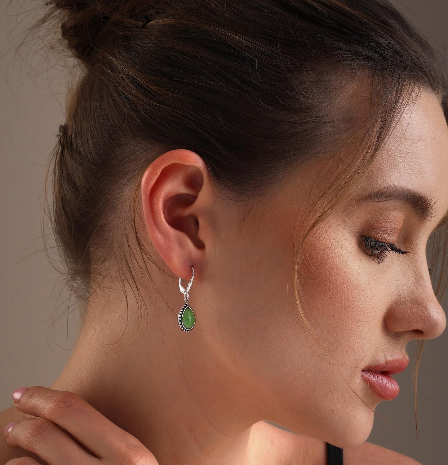 LeCalla 925 Sterling Silver Teardrop Leverback Earrings for Women | Antique Pear Shaped Green Jade Dangle Earrings 30MM