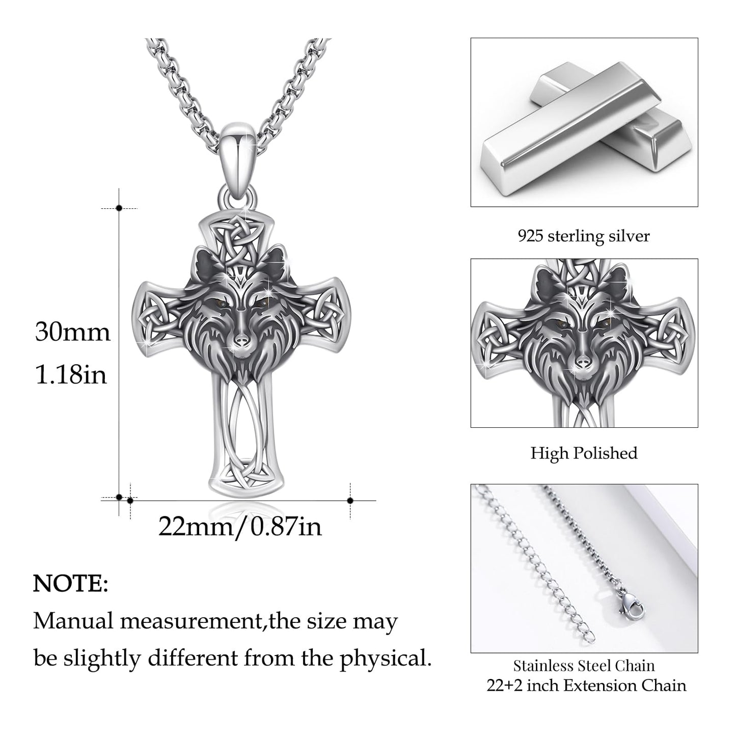 YEESIA Cross Necklace for Men 925 Sterling Silver Wolf Necklace Pendant Christian Protect Jewelry Wolf Gifts for Men Husband