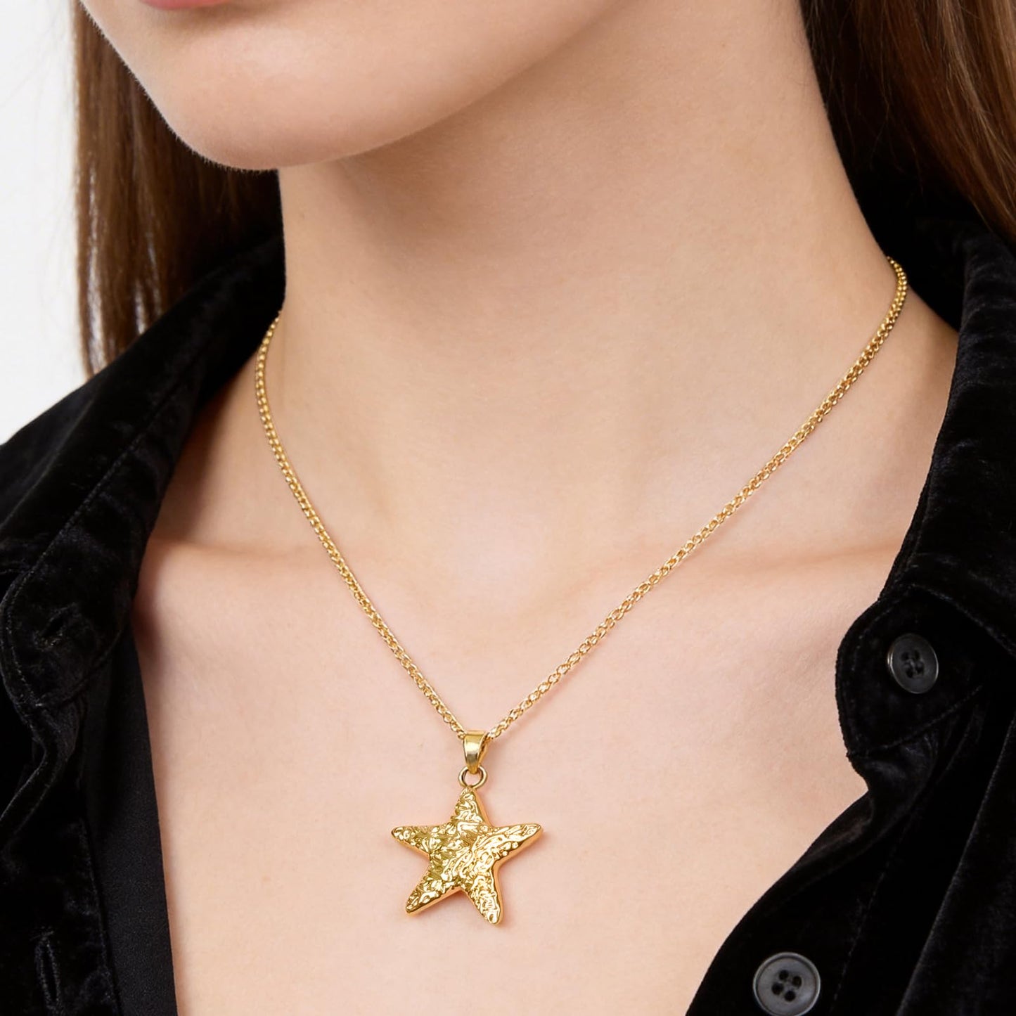 NEKOL Gold Starfish Pendant Necklace for Women, 14k Gold Plated Cute Textured Sea Star Necklace Shining Starfish Statement Necklace Party Summer Beach Ocean Jewelry Gift