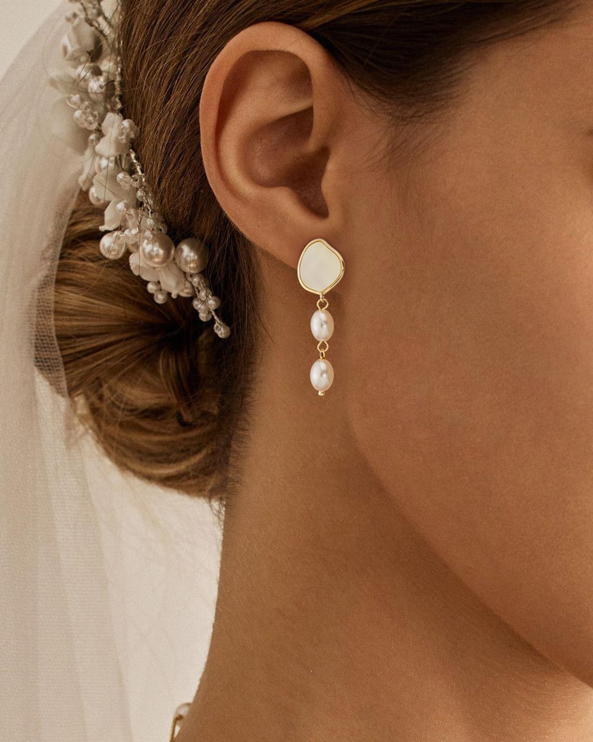 PRTGL Pearl Earrings - 14 Gold Plated Irregular Mother of Pearl Drop Dangle Earrings for Women Wedding Bridal