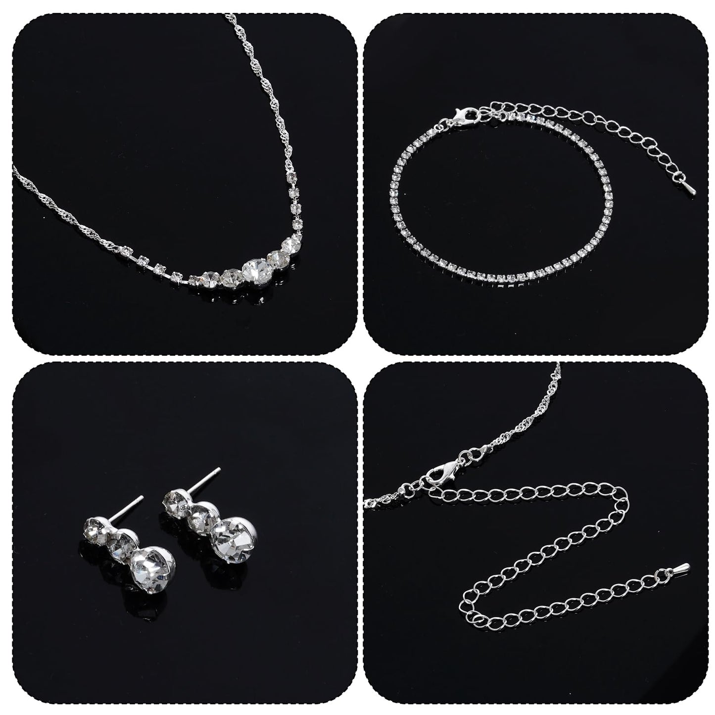 Jmkcoz Women Jewelry Set Silver Necklace Earrings Bracelet Rhinestone Crystal Bridal Wedding Jewelry Sets for Brides Bridesmaid Wedding Party (Style 8)