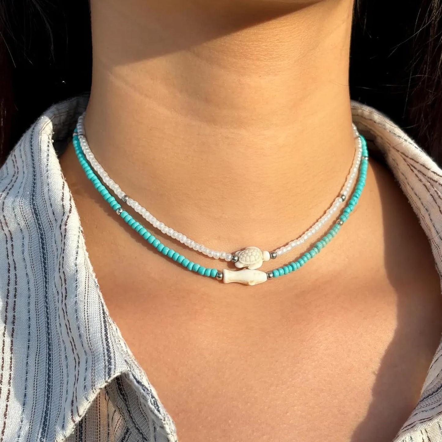 Lameybrt Cowrie Shell Surfer Necklaces, Hawaiian Beach Handmade Choker Set for Women, White Rice Bead with Black Accents, Bohemian Summer Seashell Choker 2 Piece Set, Perfect for Summer Beach Vacation, Birthday, Mother’s Day & Holiday Gifts (Shell 2A)