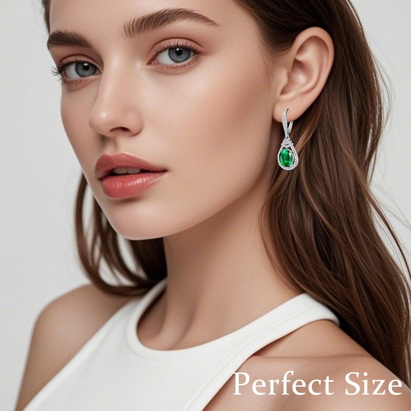 Green Emerald Dangle Earrings May Birthstone Sterling Silver Teardrop Leverback Drop Earring for Women Wedding Jewelry for the Bride Oval Cut CZ Earrings Anniversary Birthday Gifts for Wife Mom