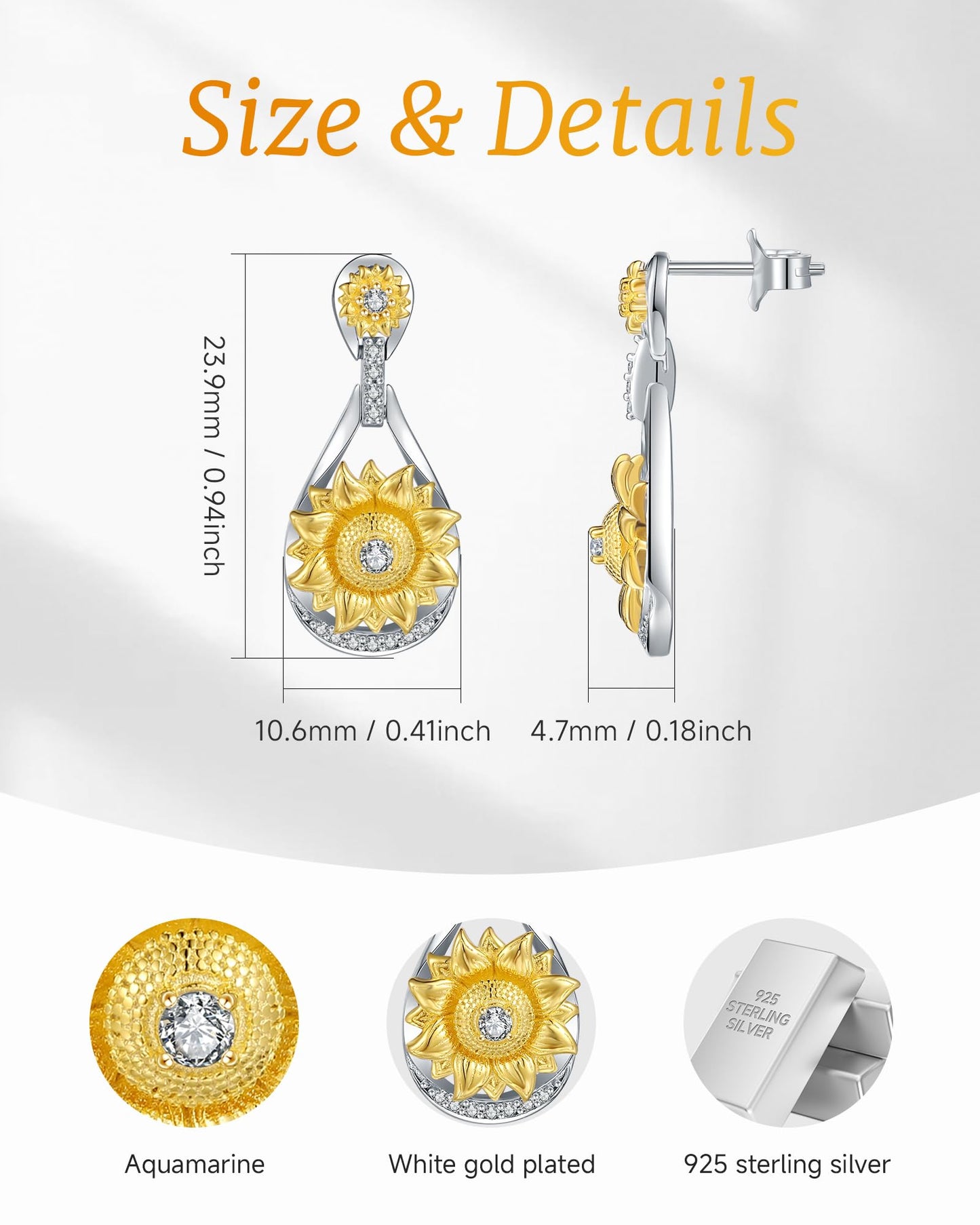 925 Sterling Silver Sunward Sunflower Teardrop Dangle Earrings for Women,Two-Tone (Platinum & 18K Gold Plated) with Cubic Zirconia, Hypoallergenic Floral Jewelry for Mother's Day, Birthday, Anniversary, Christmas Gifting Occasions