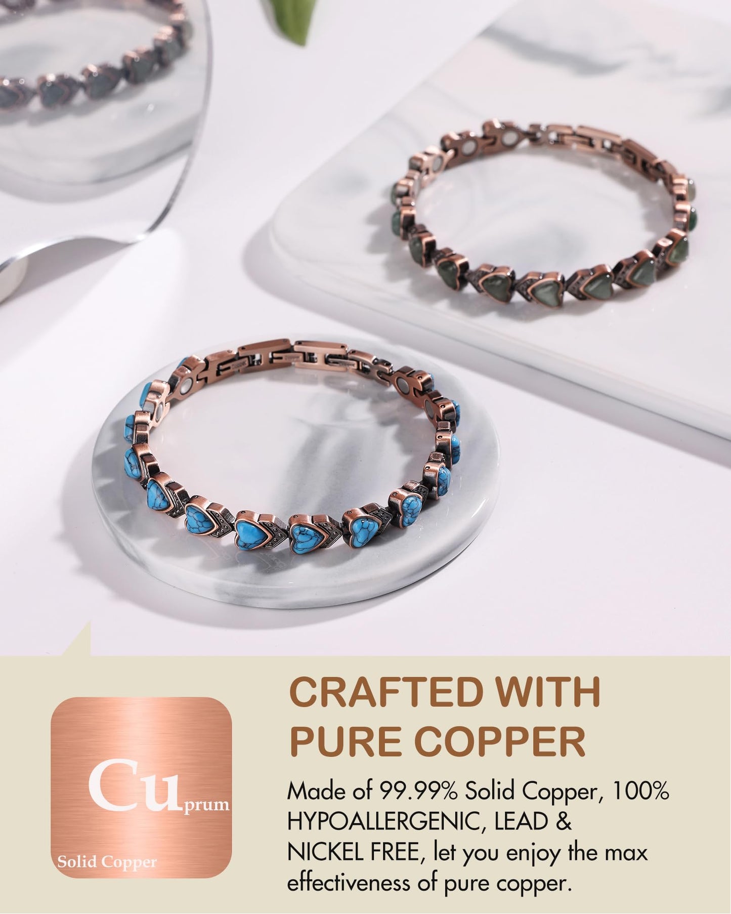 Feraco Pure Copper Bracelets for Women, Ultra Strength Magnetic Bracelet with 3800 Gauss Magnets & Natural Aventurine, Adjustable Jewelry