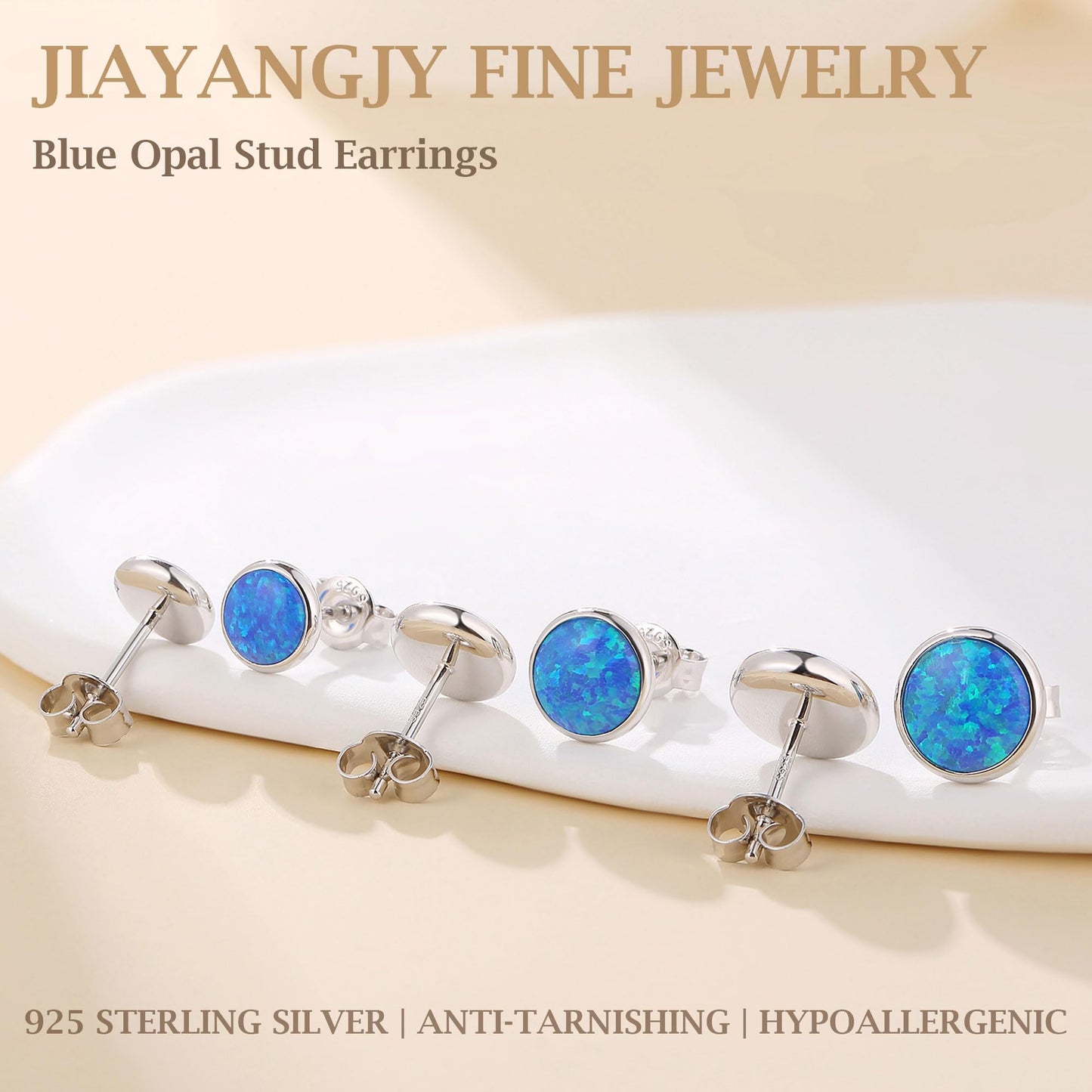 JiayangJY Silver Blue Fire Opal Stud Earrings for Women 18K White Gold Plated Sterling Silver Round Shape 6mm Opal Earrings with Push Back