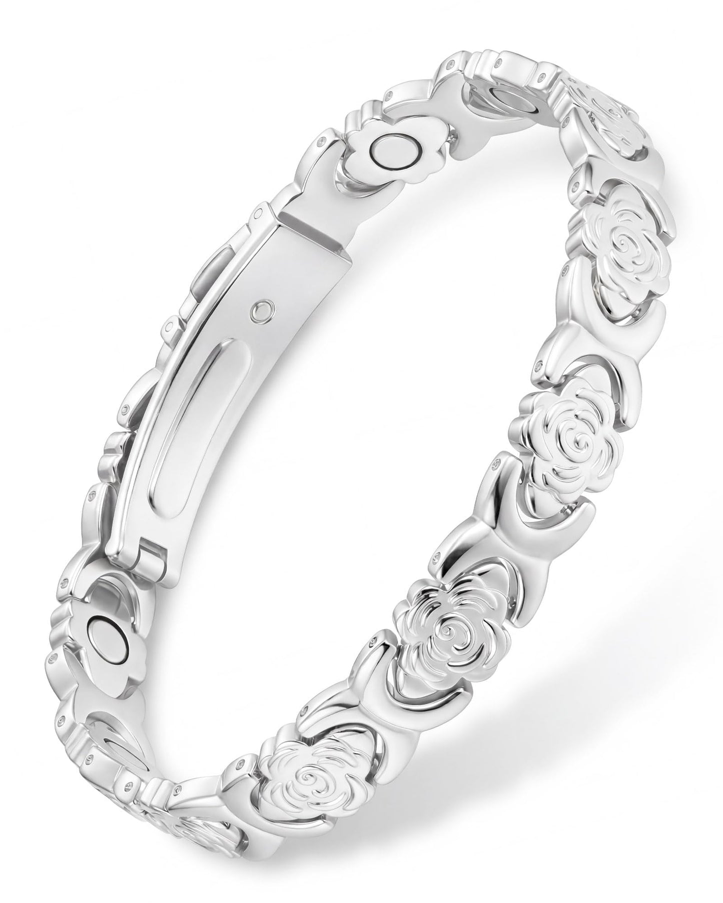 Feraco Pure Copper Bracelets for Women, Ultra Strength Magnetic Bracelet for Women with 3800 Gauss Magnet, Adjustable Flower Real Copper Jewelry Gift with Infinite Rose-Engraved (Silver)