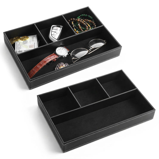 kenaeooe 2-Piece Faux Leather Valet Tray Set, Drawer Storage Organizer Divider for Desk, Nightstand, Jewelry, Keys, Wallet, Sunglasses, Phone, Watch - Black
