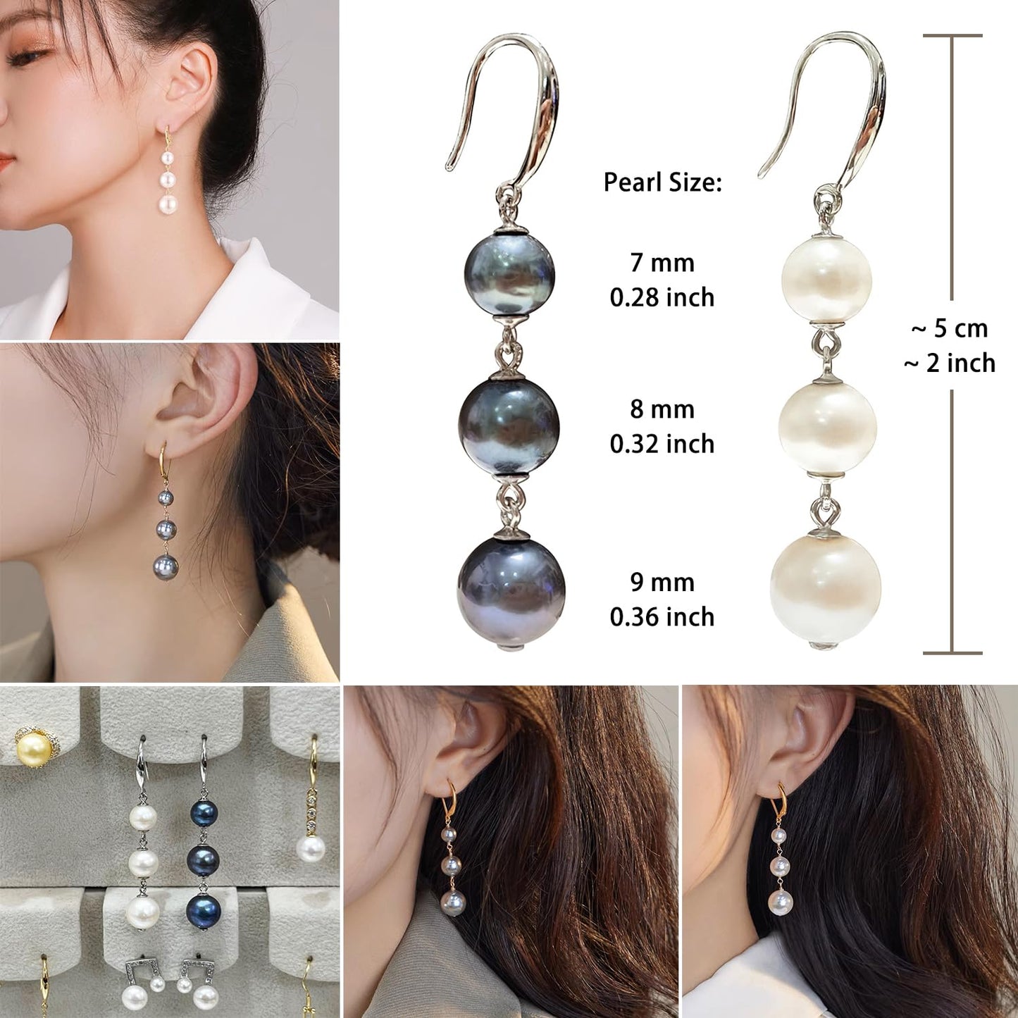 Alevel Long Tassel 925 Sterling Silver Ear Hook, Natural Freshwater Cultured Pearl Earrings, 7-9mm Round White Pearls