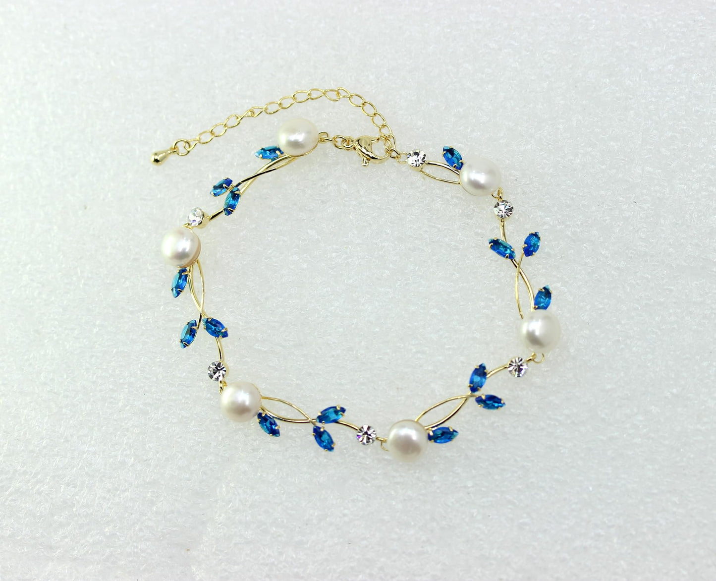 Faship Blue CZ Crystal Genuine Freshwater Pearls Floral Bracelet 7.5" - 9.5" - Blue/Gold Plated/Matching Bracelet