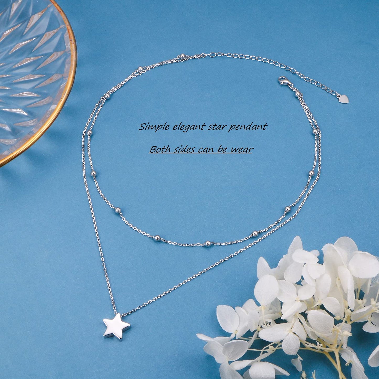 YinShan Layered Choker Necklace 925 Sterling Silver Star Pendant Jewelry Adjustable Clavicle Necklaces for Women Birthday Christmas Gifts