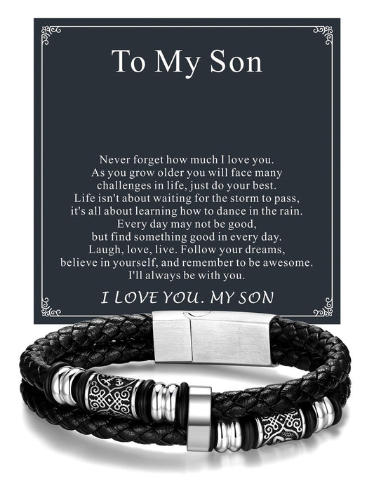 ChainsPro Leather Bracelet Gifts for Men,Black Braided Bracelets Stainless Steel Celtic & Compass Bracelets Leather,Ideas Jewelry Gifts for Anniversary Christmas Father's Day Birthday Valentines Engraved with To My Son 8.26 inches