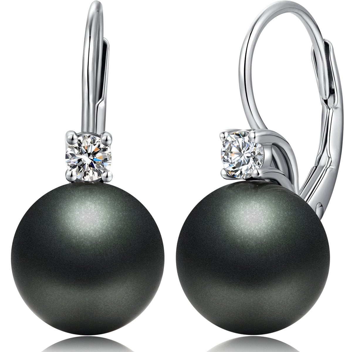 Black Pearl Leverback Earrings Pearl Dangle Drop Earring for Women 925 Sterling Silver Cubic Zirconia 10mm Jiahanzb