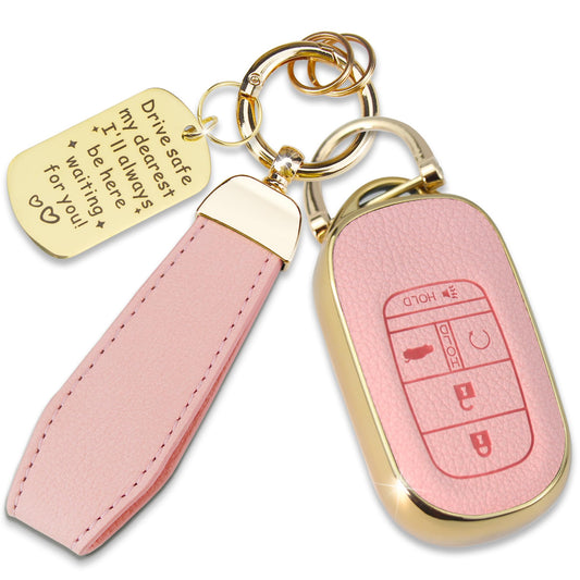 Quekine Soft TPU & Leather Key Fob Cover Compatible with Honda Accord 2022-2025,Civic 2022-2025,HR-V 2023-2025,CR-V 2023-2025,Pilot 2023-2025, with Keychain & Metal Blessing Tag (5 Button Pink)
