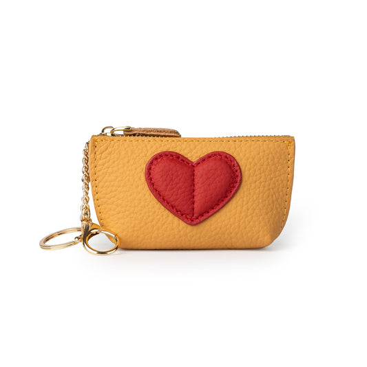 Doris&Jacky Cowhide Leather Coin Purse, Mini Zipper Card Holder With Cute Red Heart Design and Key Chain (Yellow)