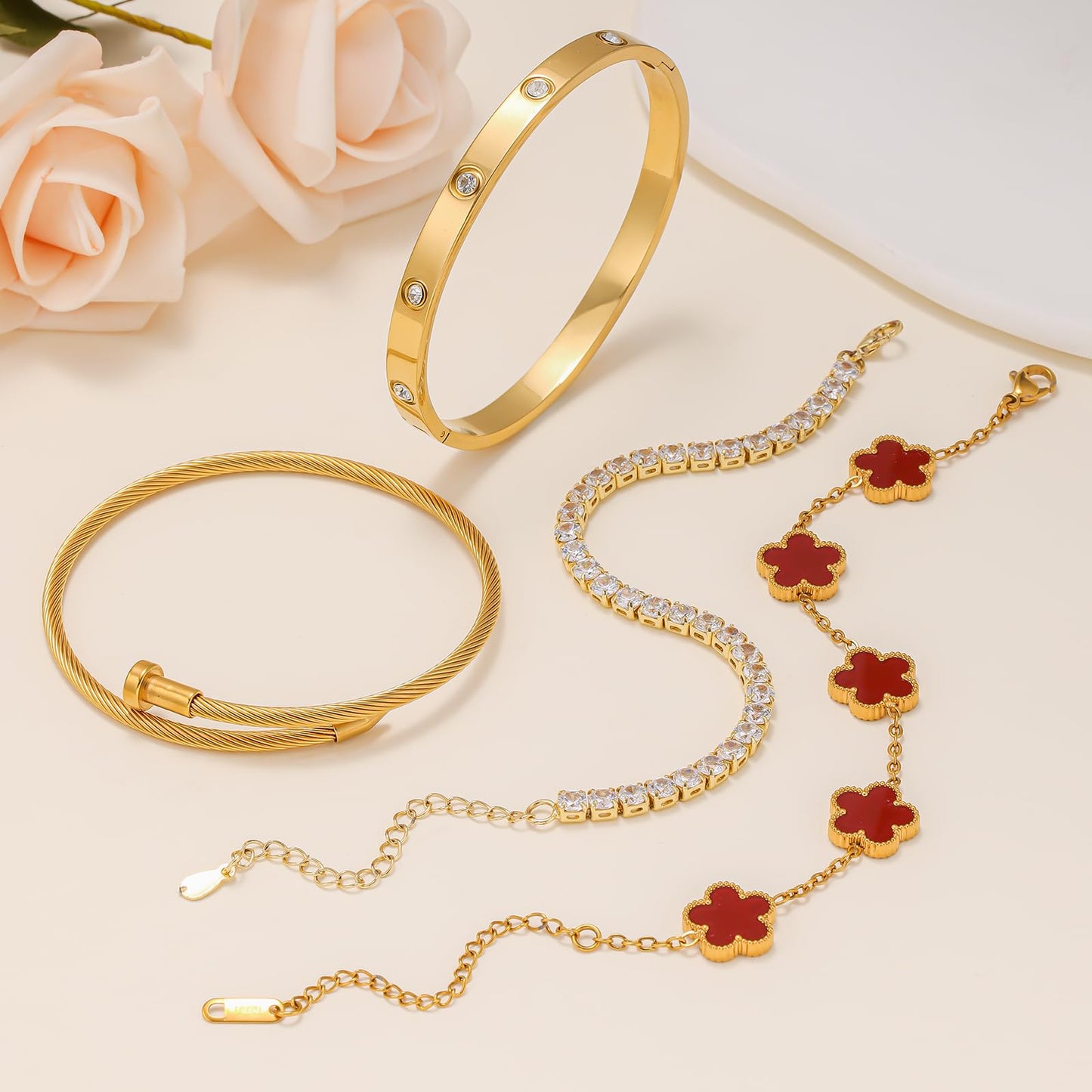 Gold Bracelets for Women, 18K Gold Plated Women Tennis Bracelets Clover Nail Love Bangle Bracelet Set, Gold Bracelet Stackable Set Trendy Jewelry, Gifts for Women's Day and Mother's Day (05-Color-red)