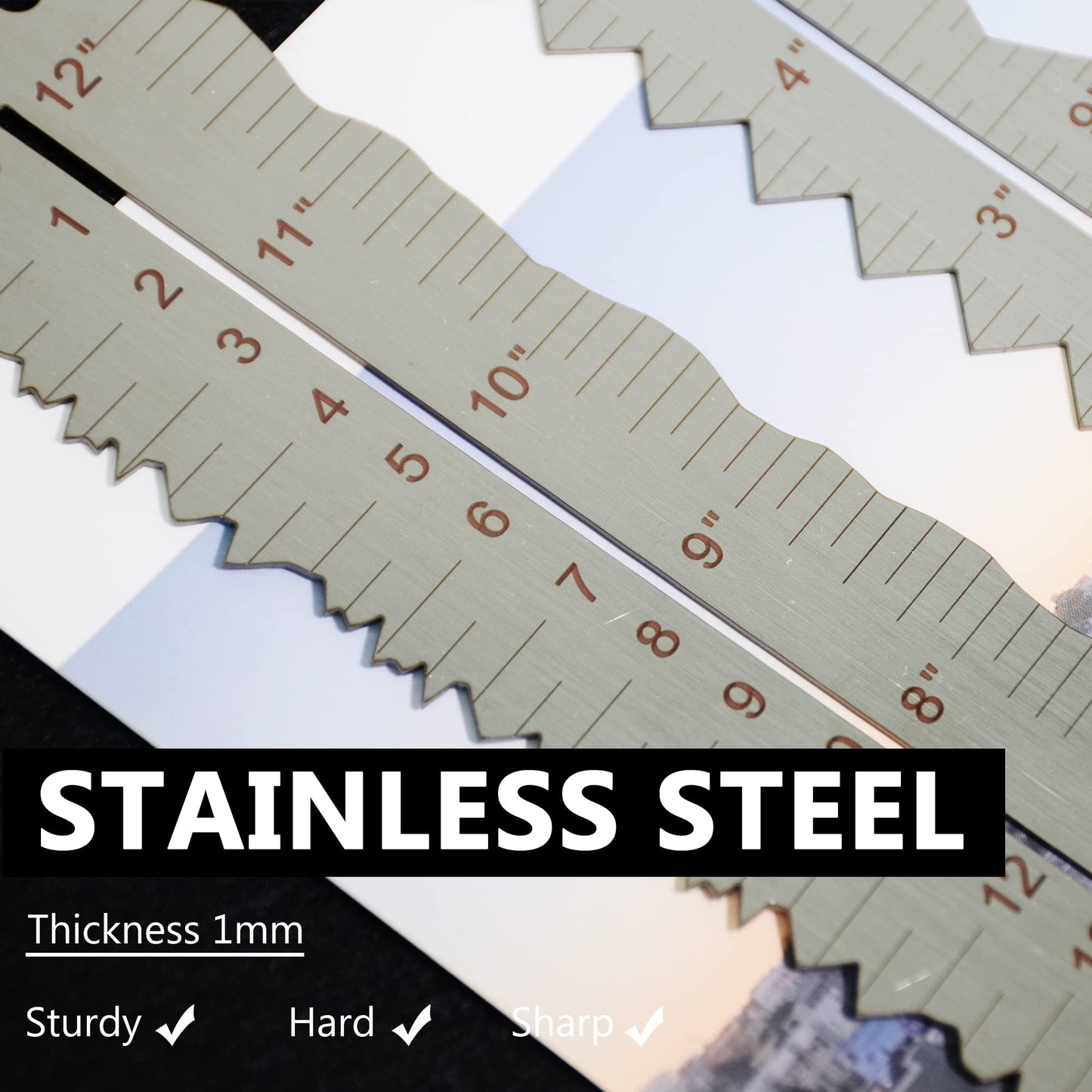 UPTTHOW 3PCS Stainless Steel Metal Paper Tearing Ruler Craft Ruler for Cutting Paper to Wavy Line Jagged and Irregular Edges 12'' Measuring Tool for Engineering School Office Architect and Drawing