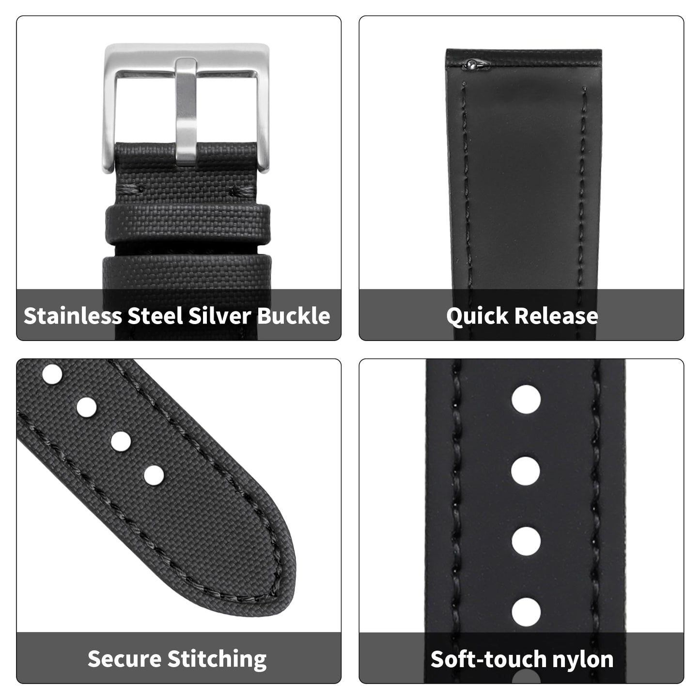 JUNGHELE Nylon watch band for men and women,Quick Release Premium Oxford Waterproof Fabric Weave Back Lining Leather Nylon watch strap with Stainless-Steel Buckle,Black 22mm watch band