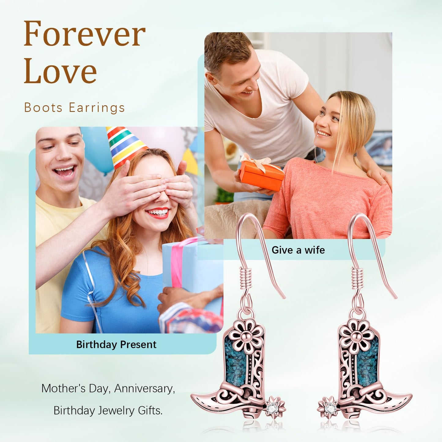 KoyeKei Rose Gold Cowboy Boot Earrings 925 Sterling Silver Pink Cowgirl Texas Boot Dangle Drop Earrings Western Turquoise Jewelry Country Gifts for Women