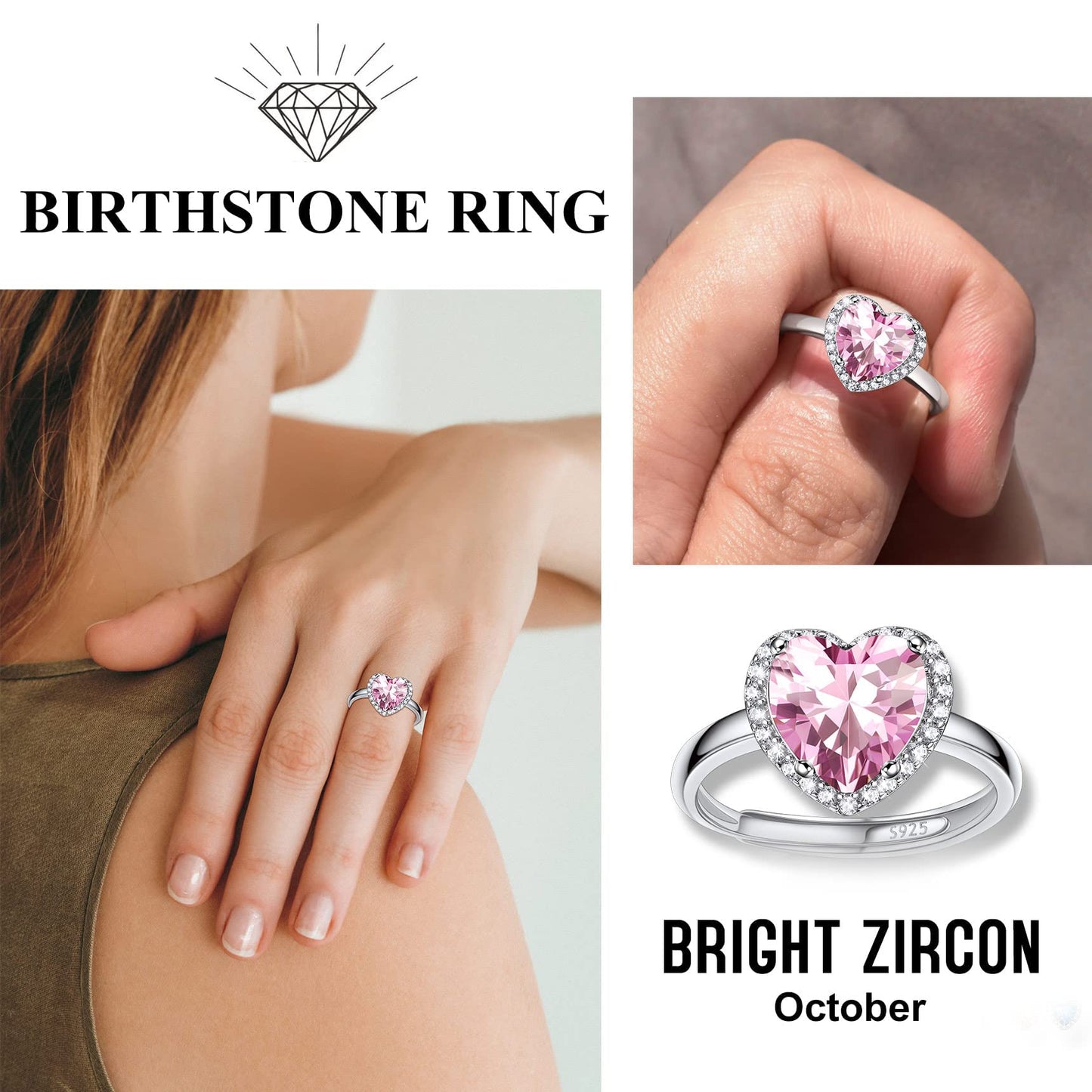 Bestyle Infinity Love Heart October Pink Tourmaline Gemstone Rings with Sparkling CUbic Zirconia, Brilliant Love Heart Diamond Halo Rings Statement Jewelry for Women