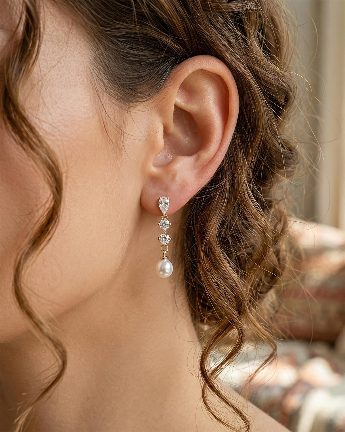 PRTGL Pearl Earrings - 14 Gold Plated Round and Teardrop Cut Cubic Zirconia Pearl Drop Dangle Earrings for Women Wedding Bridal