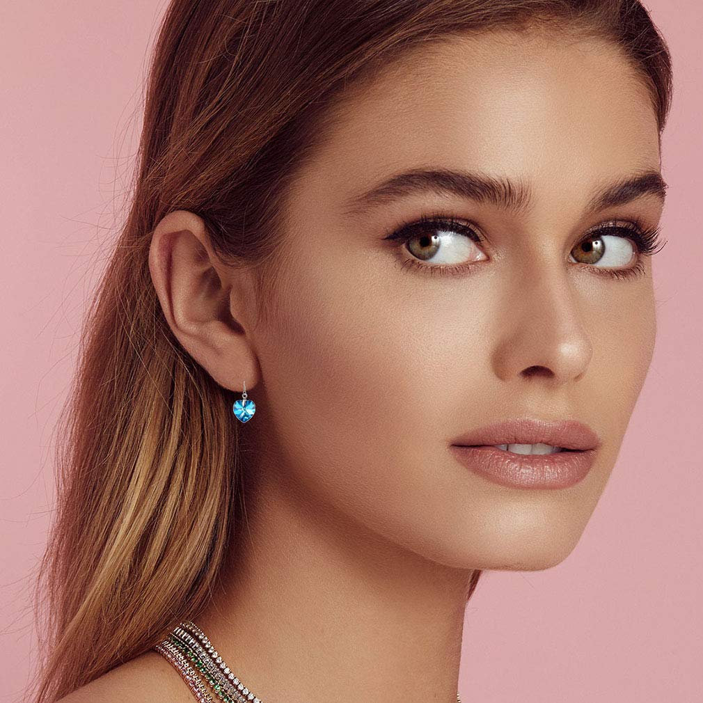 Austrian Crystal Heart Drop Dangle Earrings for Women 925 Sterling Silver Hook Hypoallergenic Earring (Bermuda Blue)