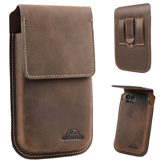 Topstache Leather Phone Holster - Belt Clip Leather Belt Pouch for iPhone 17/16/15 Pro Max & Plus - Magnetic Closure Flip Cell Phone Case for Galaxy S25/S24/S23 Ultra & Plus, XL,Darkbrown