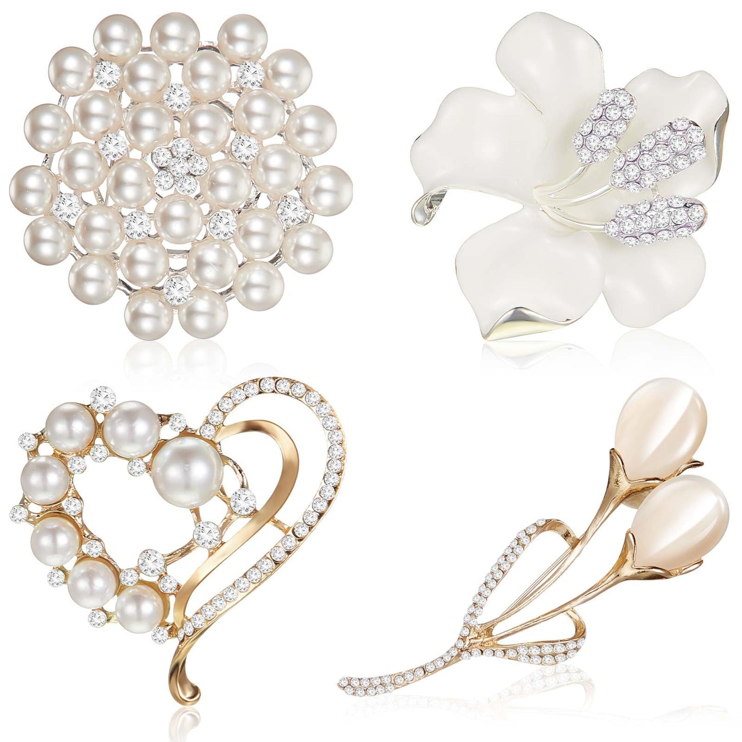 Ecally 4 Pcs Flower Brooch Pins for Women, Crystal Pearl Brooch and Pins for Dress, Coat, Shawl – Gift for Mother，Wedding (Elegant)