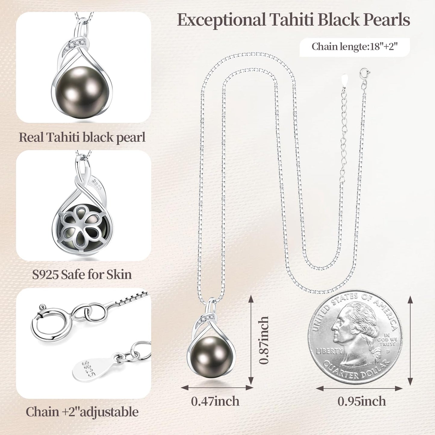 Kraidoey Tahitian Black Pearl Necklace, 9-11mm Round Real Pearls Jewelry,18+2" Sterling Silver Chain 18K Gold Plated Pendant - Gifts for Women Wife Anniversary Birthday Val Wedding Mothers Christmas Day Gift