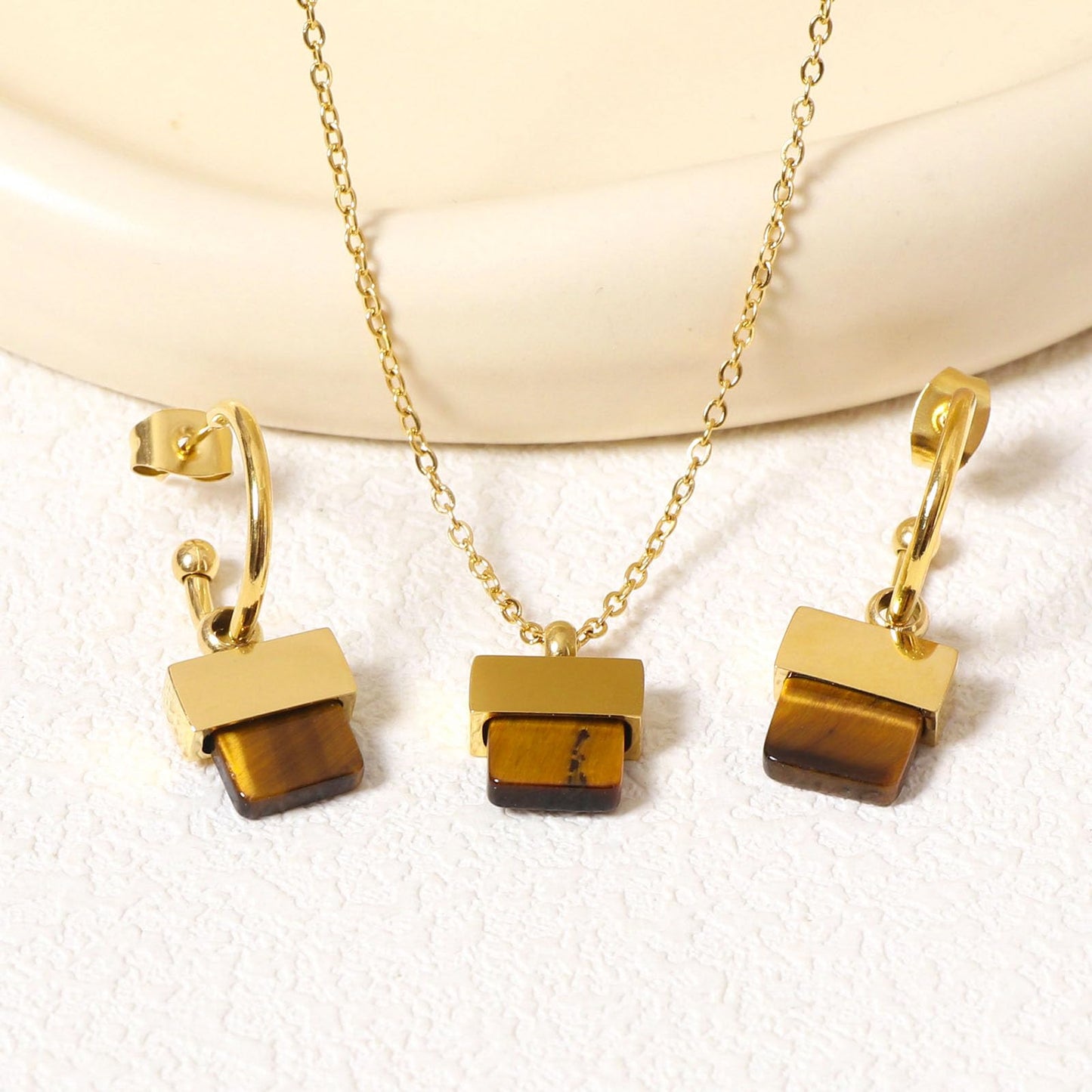 TaYolnFaSo Natural Tiger Eye Necklace and Earrings Set for Women 18K Gold Plated Tiger Eye Jewelry Set Square Gemstone Jewelry Gift