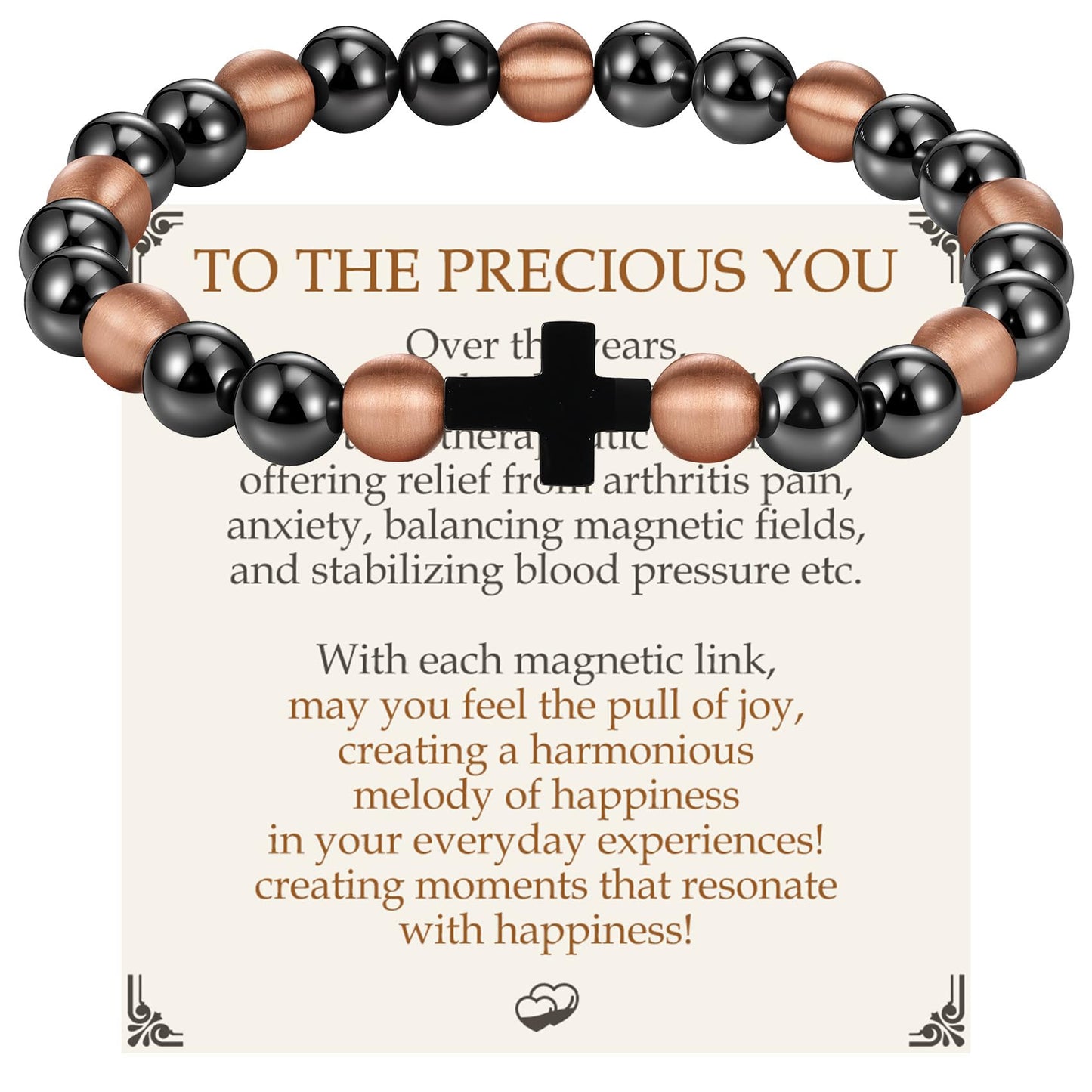 Feraco Pure Copper Magnetic Bead Bracelet for Men Women with Cross, 8mm 99.99% Solid Copper & 3500 Gauss Magnetic Hematite Beads, Unisex Stretch Wristband, Gift-Ready Jewelry