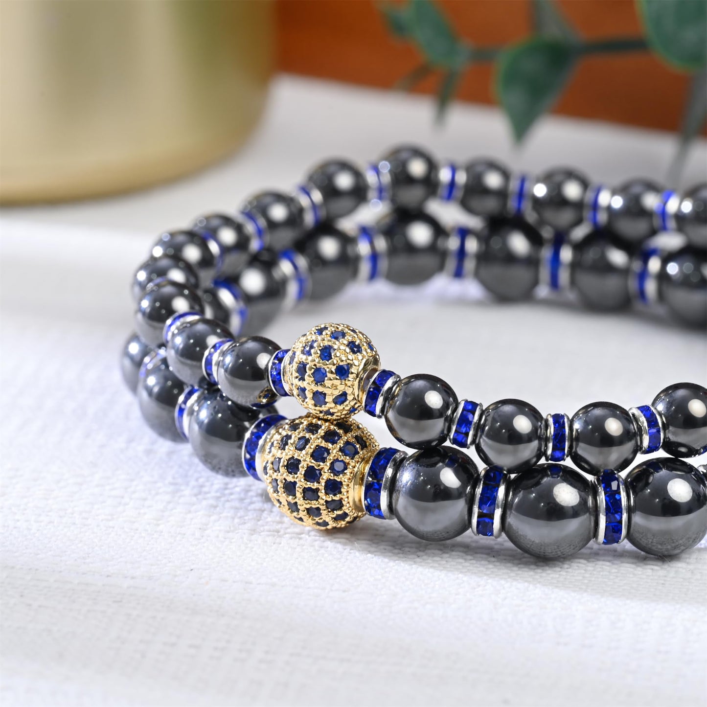 Apocalyptic-K Women's Magnetic Bracelet，Hematite Bracelets，Magnetic Bracelets With Zirconia,Handmade Stretch Bracelet，Eliminates static electricity. (6MM Blue &8MM Zirconia)