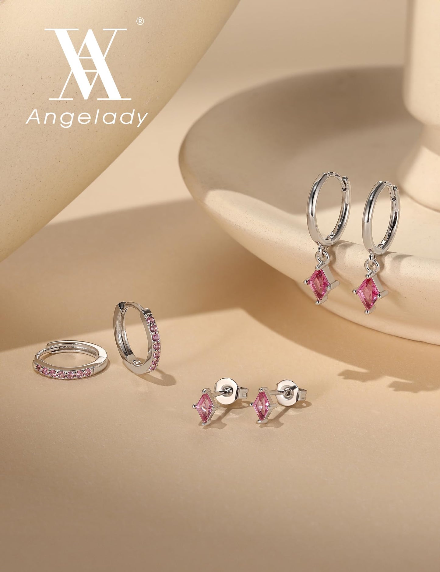Angelady 3 Pairs Sterling Silver Pink Earrings Set for Women, Hypoallergenic Silver Magenta Dangle Earrings for Women, Dainty Huggie Hoop Pink Earring Stacks Trendy Red Jewelry Gifts