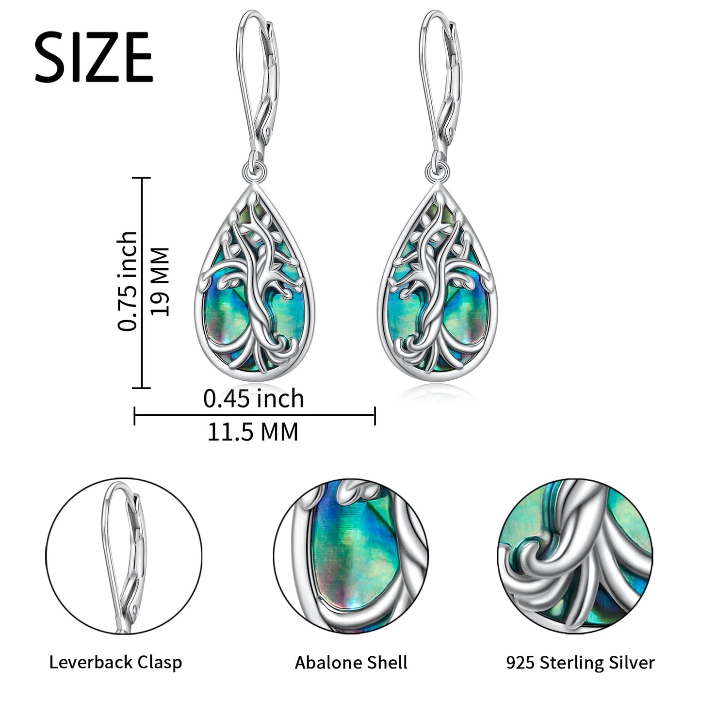 SHAOAN 925 Sterling Silver Tree of Life Dangle Drop Earrings for Women Abalone Shell Teardrop Earring Jewelry Gift for Anniversary Birthday Christmas Mother’s Day