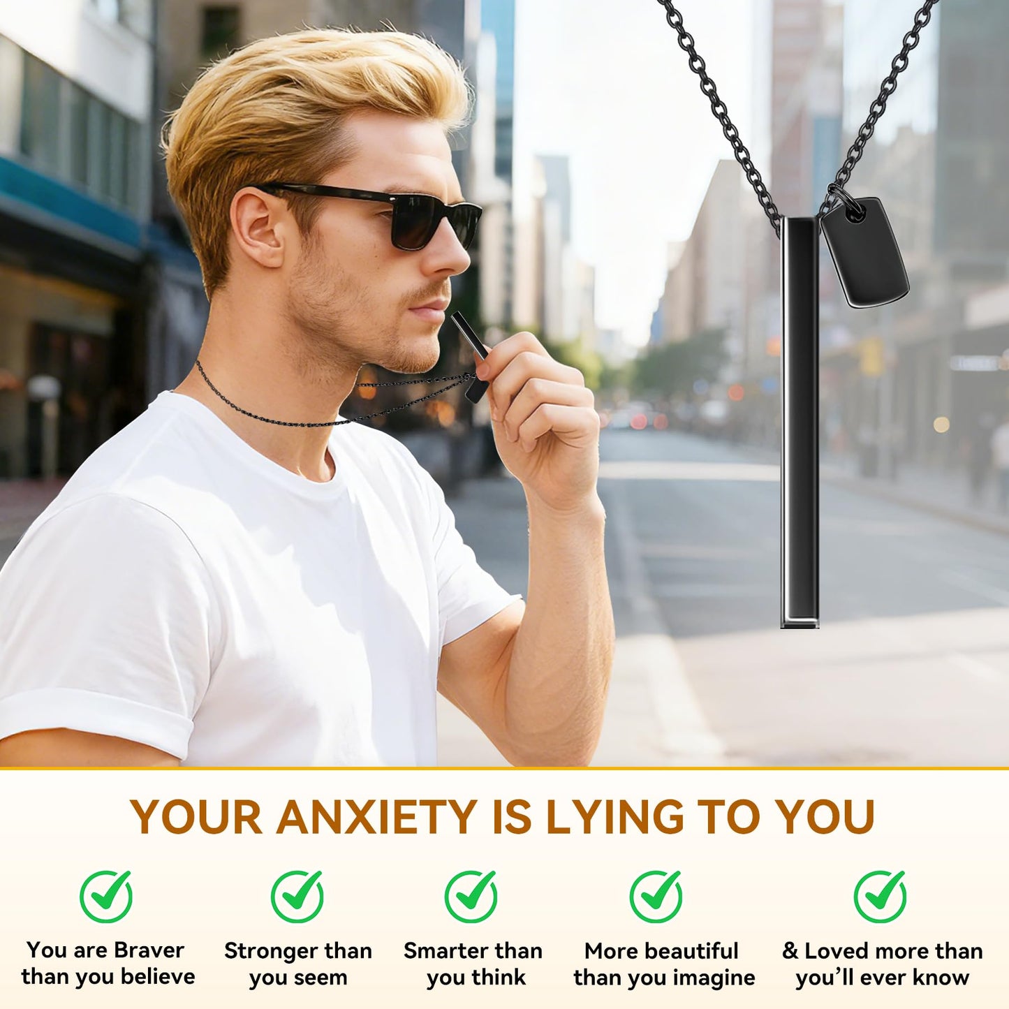 ENFANTRY Breathing necklace Mindfulness Anxiety necklace breathing Black Stainless Steel Stress Relief pendant Meditation Anxiety Relief Gifts for Women Men