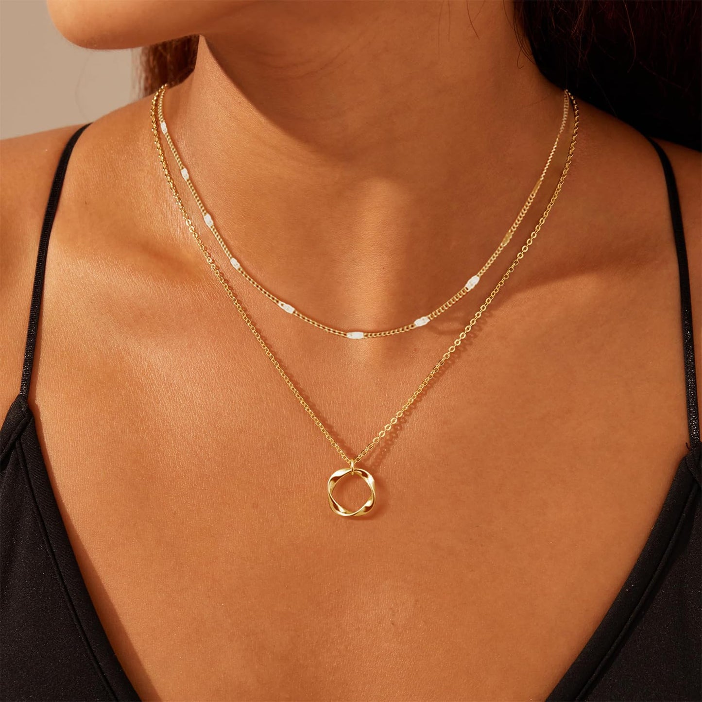 OGD Gold Layered Necklaces for Women 14k Gold Plated Dainty Stackable Choker Necklaces Trendy Layering Circle Paperclip Chain Cute Pendant Necklace Set Gold Jewelry for Women